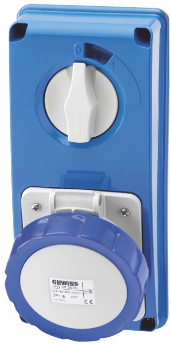 Presa Interbloccata Verticale Con Sezionatore, 16A 2P+T 220V, IP67, Grigio/blu, Per Installazione A Parete
