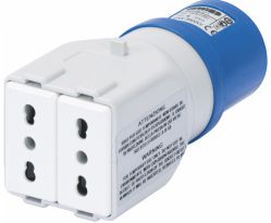 Adattatore da industriale a civile ip44 - spina 2p+t 16a 230v ac 50/60hz - 2 prese 2p+t 10/16a bivalenti (p17/11) - GEW GW64211